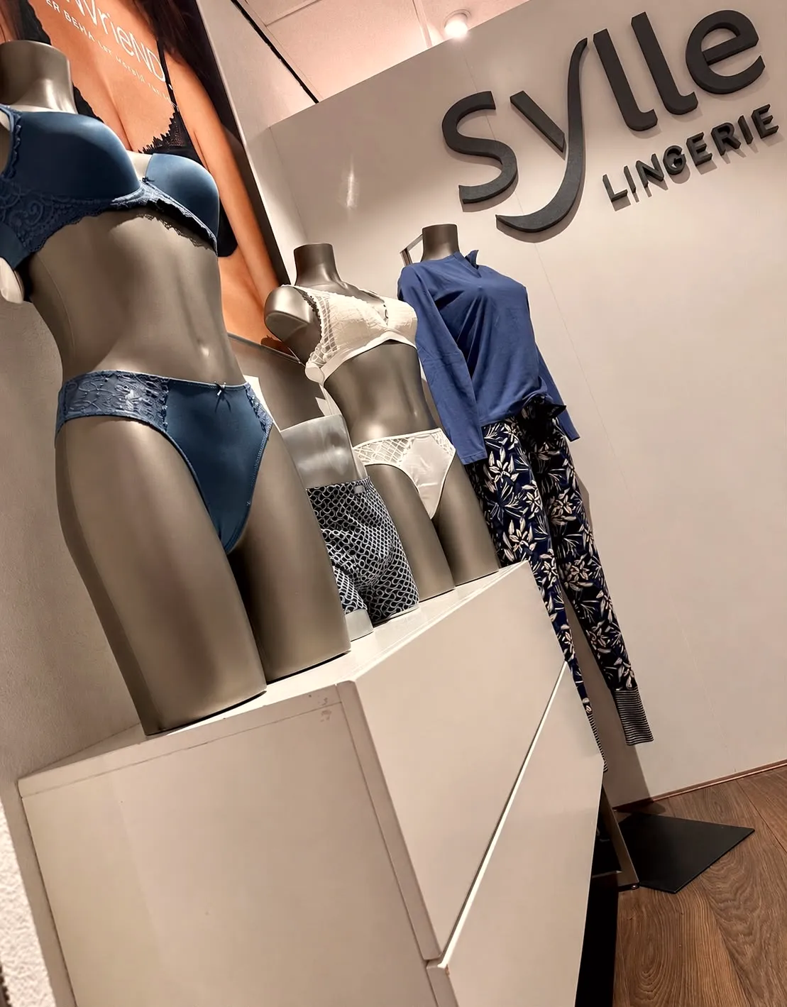 Paspoppen met lingerie voor het Sylle Lingerie-logo in de winkel aan de Korte Hofstraat